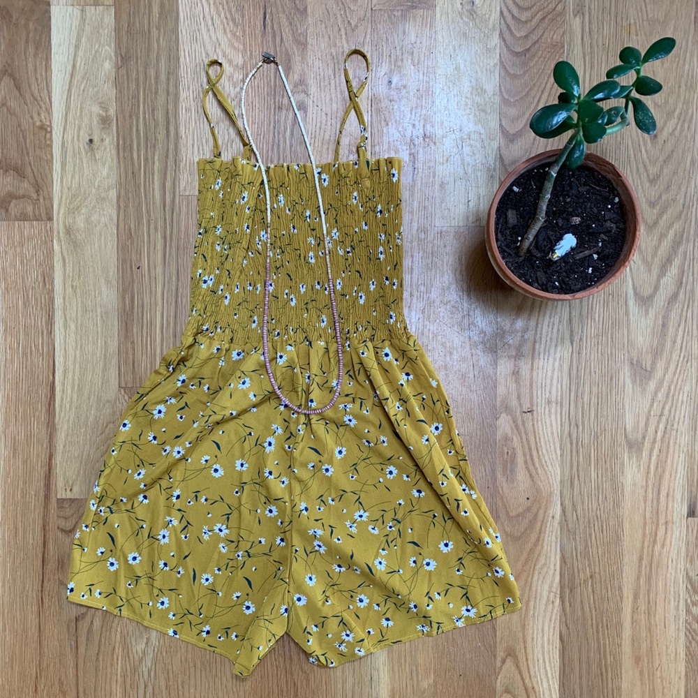 Gold Flower Spaghetti Strap Shorts Romper